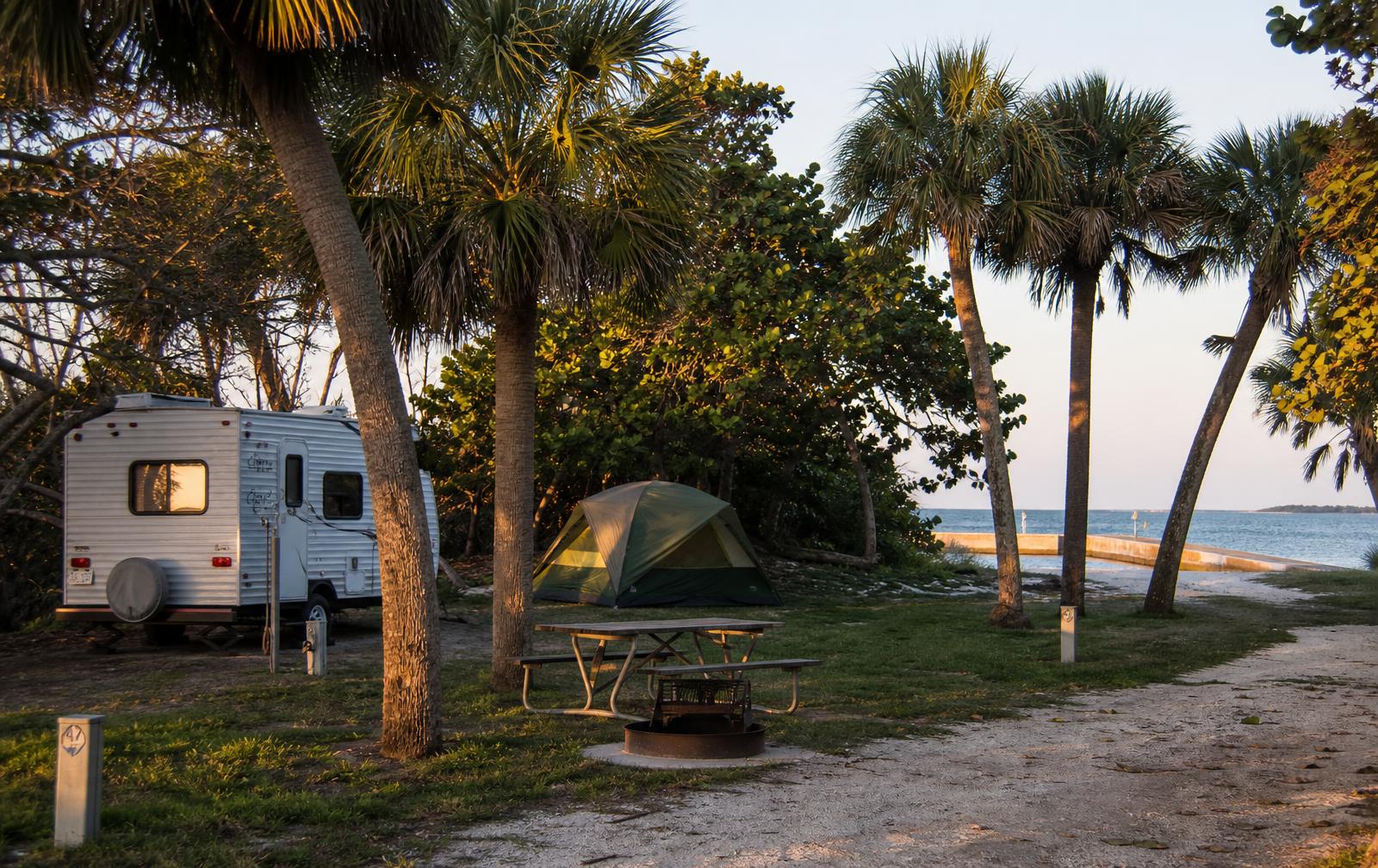 Travel trailer and dome tent on grassy campsites under cabbage palms at Sebastian Inlet State Park campground, with the inlet jetty and Atlantic water visible at sunrise