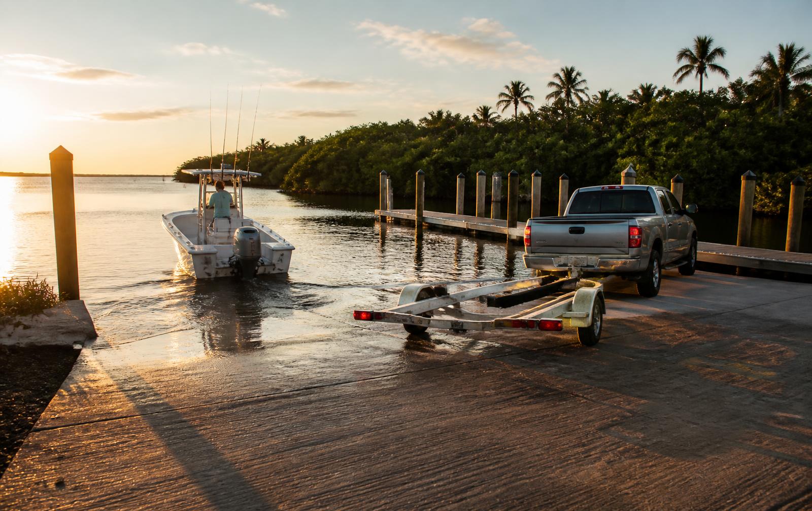 Center-console fishing boat backing off a trailer at a concrete public boat ramp on the Indian River Lagoon at sunrise