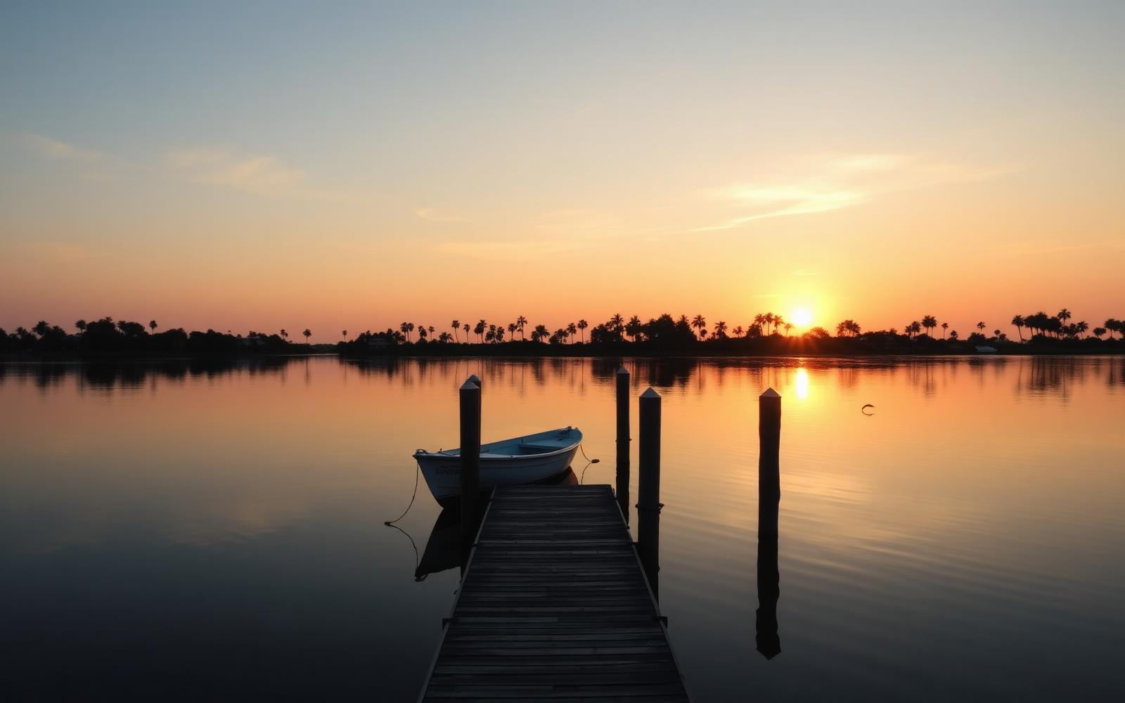 Sunrise over a private dock on the Indian River Lagoon with a boat tied off, Grant-Valkaria, Florida
