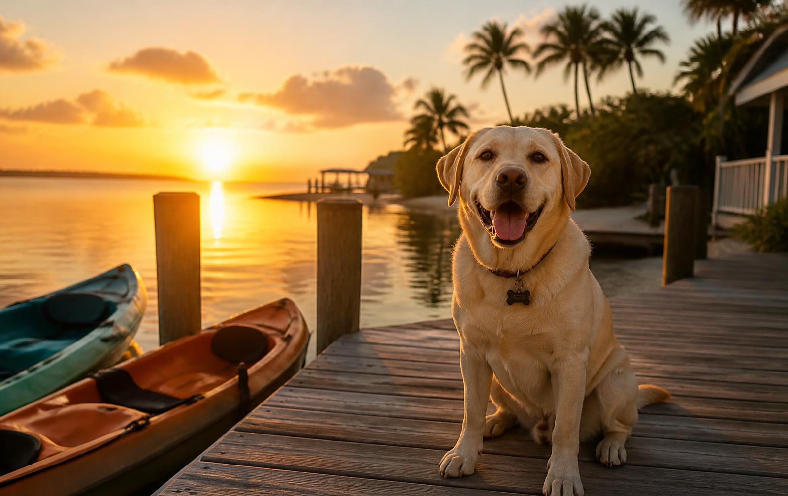 Yellow Labrador sitting on a private wooden dock on the Indian River Lagoon at sunrise with kayaks alongside