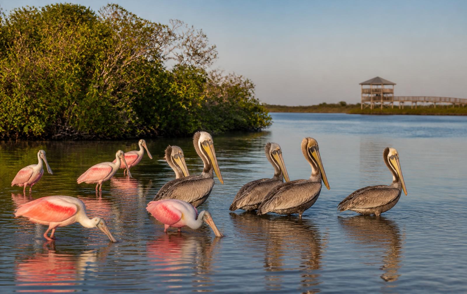 Brown pelicans and roseate spoonbills wading in the shallow Indian River Lagoon beside a mangrove island at Pelican Island National Wildlife Refuge, with an observation tower in the distance