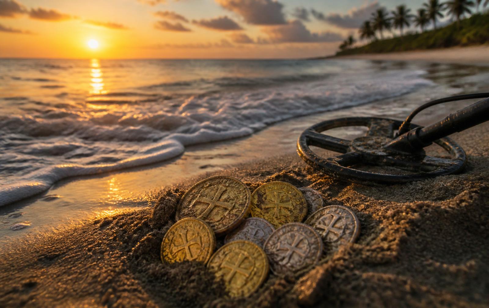 Spanish gold doubloons and silver pieces of eight half-buried in wet sand beside a metal detector coil at sunrise on a Treasure Coast beach near Sebastian, Florida